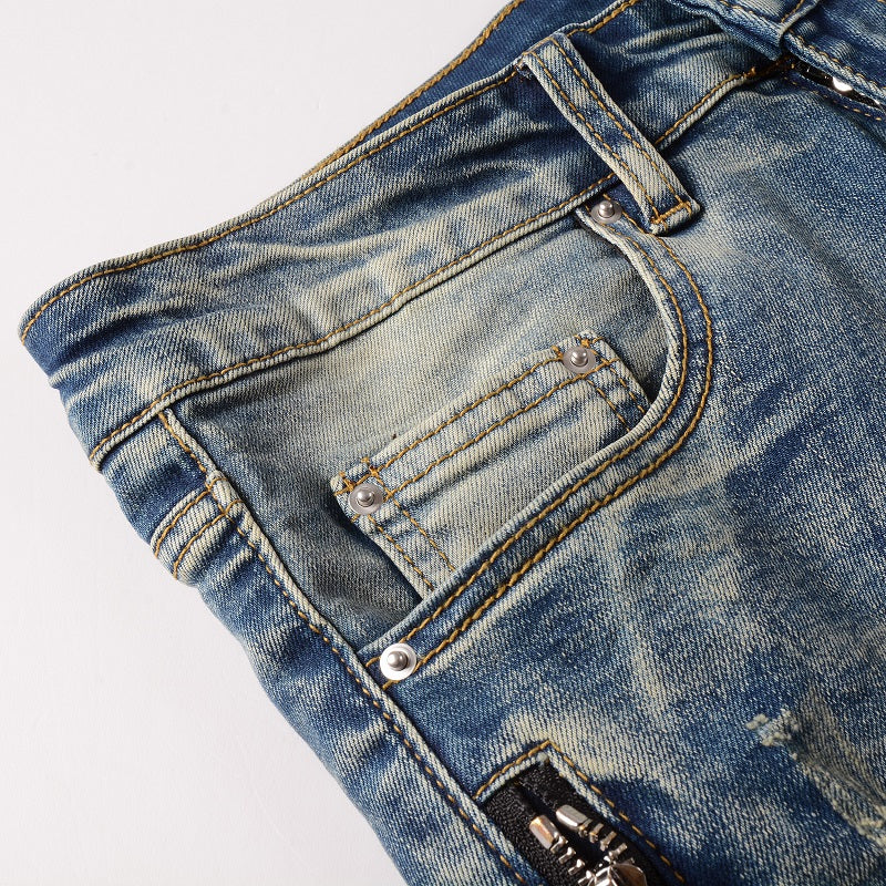 Jeans biker bleu sable poche zip avec surpiqûre