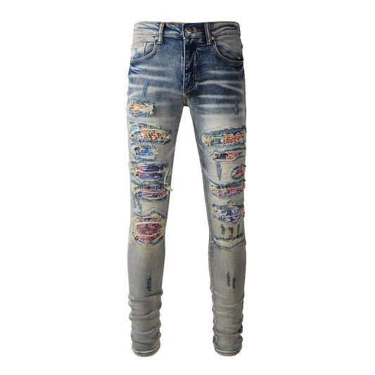 Jeans blejndelave déchire patch coloré en surpiqûre