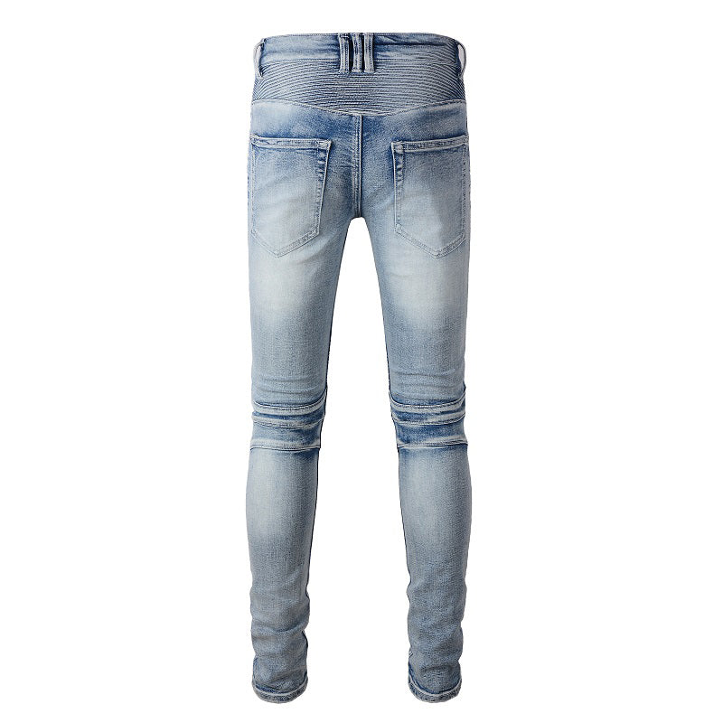 Jeans biker bleu poche zip avec surpiqûre