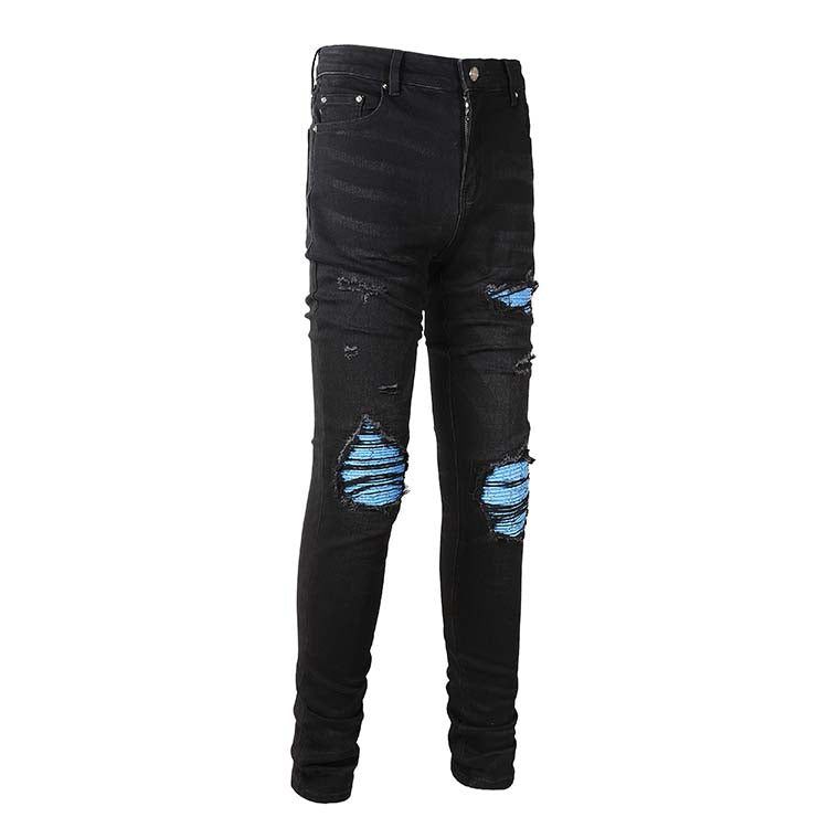 Jeans noir déchire avec patch bleu surpiqûre