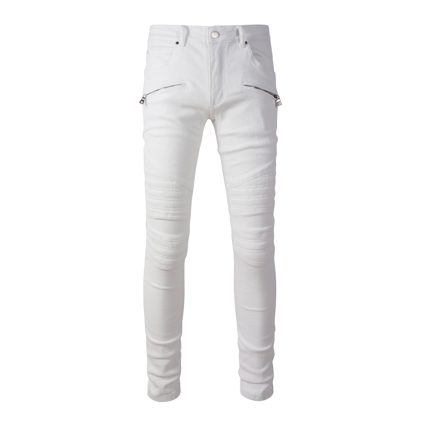 Jeans biker blanc poche discrète avec surpiqûre