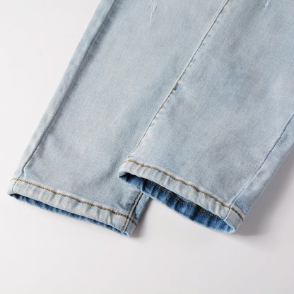 Jeans biker bleu clair poche zip avec surpiqûre blanc