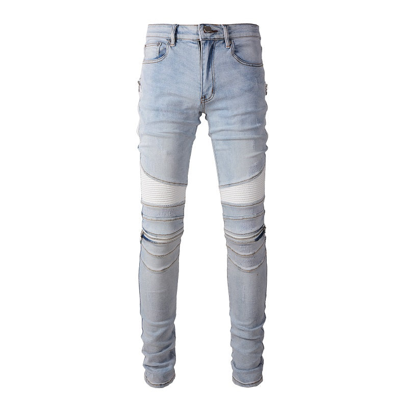 Jeans biker bleu clair poche zip avec surpiqûre blanc