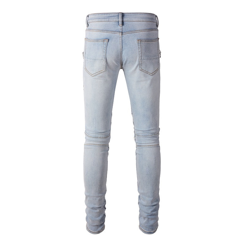 Jeans biker bleu clair poche zip avec surpiqûre blanc