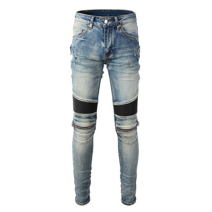 Jeans biker bleu sable poche zip avec surpiqûre