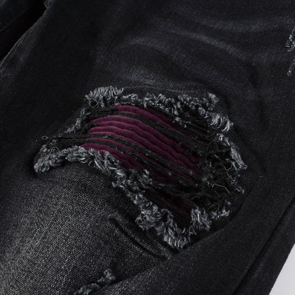 Jeans noir déchire avec patch surpiqûre