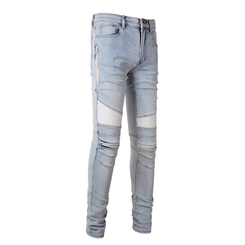 Jeans biker bleu clair poche zip avec surpiqûre blanc