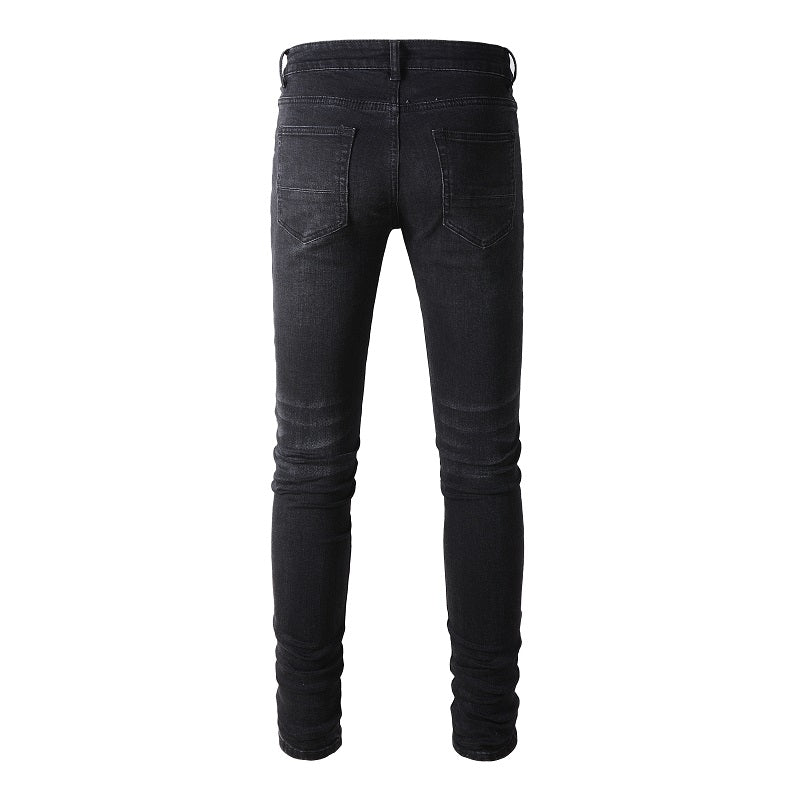 Denim noir déchirure patch intrigue en surpiqûre