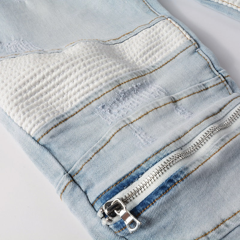 Jeans biker bleu clair poche zip avec surpiqûre blanc