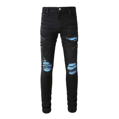 Jeans noir déchire avec patch bleu surpiqûre