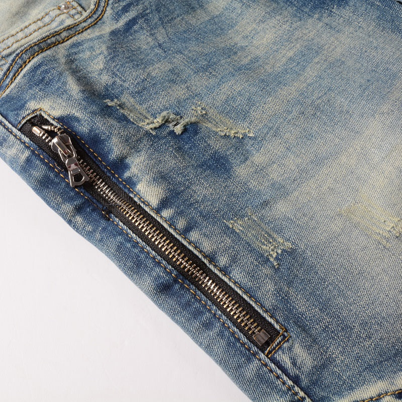 Jeans biker bleu sable poche zip avec surpiqûre