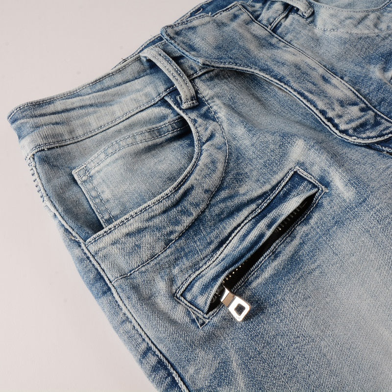 Jeans biker bleu poche zip avec surpiqûre