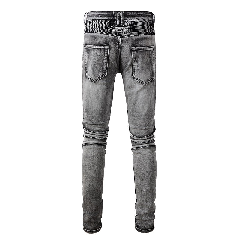 Jeans biker gris foncé poche zip avec surpiqûre