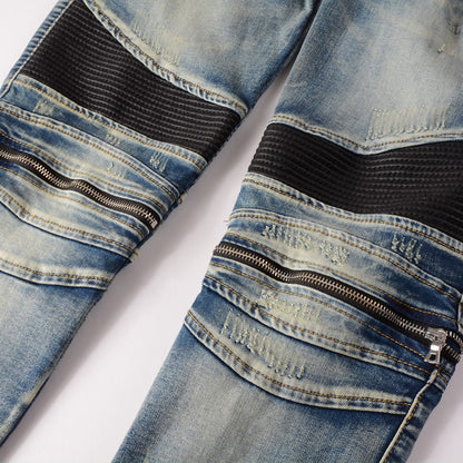 Jeans biker bleu sable poche zip avec surpiqûre