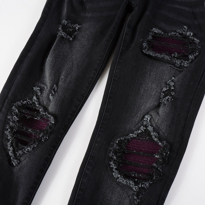 Jeans noir déchire avec patch surpiqûre