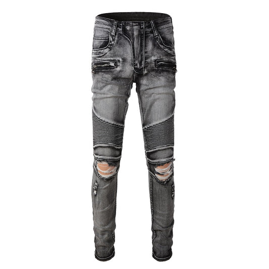 Jeans biker gris foncé poche zip avec surpiqûre