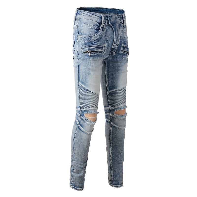 Jeans biker bleu poche zip avec surpiqûre