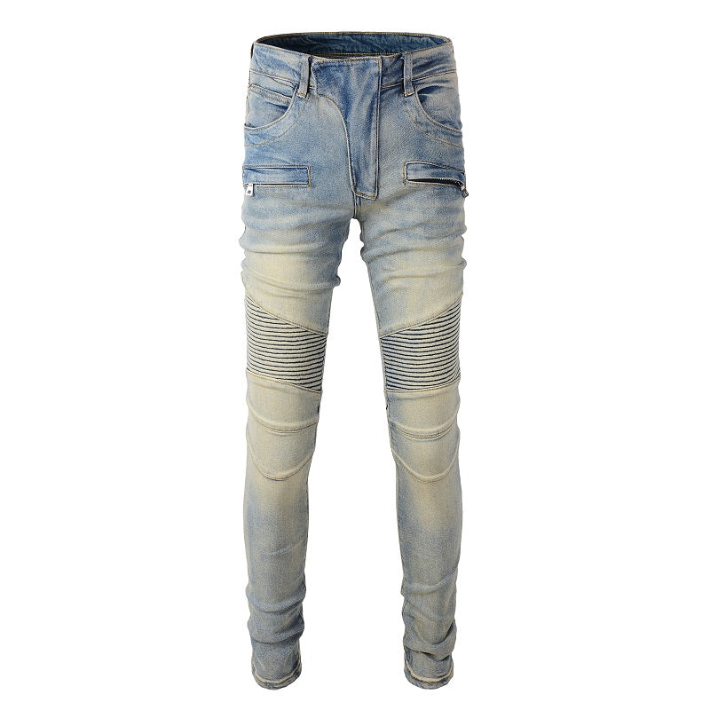 Jeans biker bleu sable poche zip avec surpiqûre