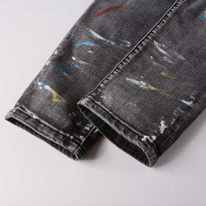 Jeans gris délavé éclat de peinture