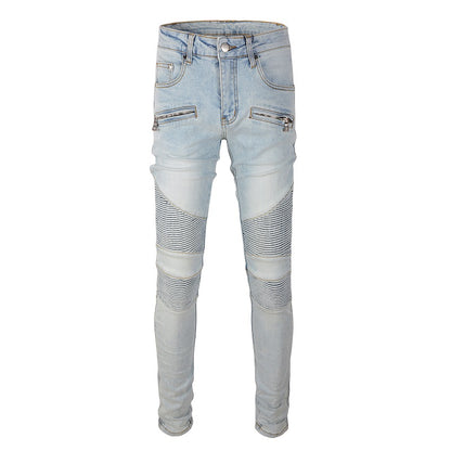 Jeans biker bleu poche zip avec surpiqûre