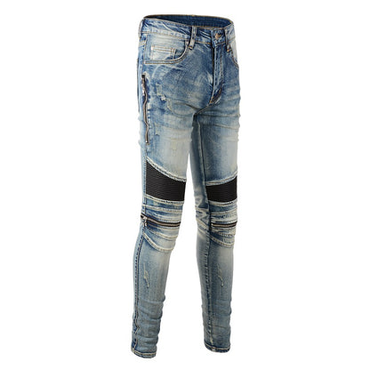 Jeans biker bleu sable poche zip avec surpiqûre