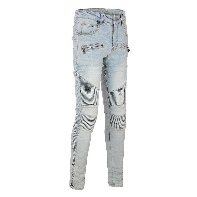 Jeans biker bleu poche zip avec surpiqûre