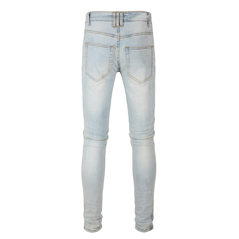 Jeans biker bleu poche zip avec surpiqûre