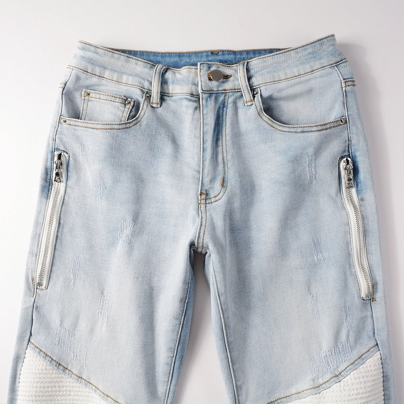 Jeans biker bleu clair poche zip avec surpiqûre blanc