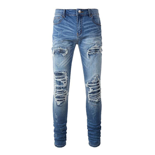 Jeans bleu foncé déchire avec surpiqûre bleu