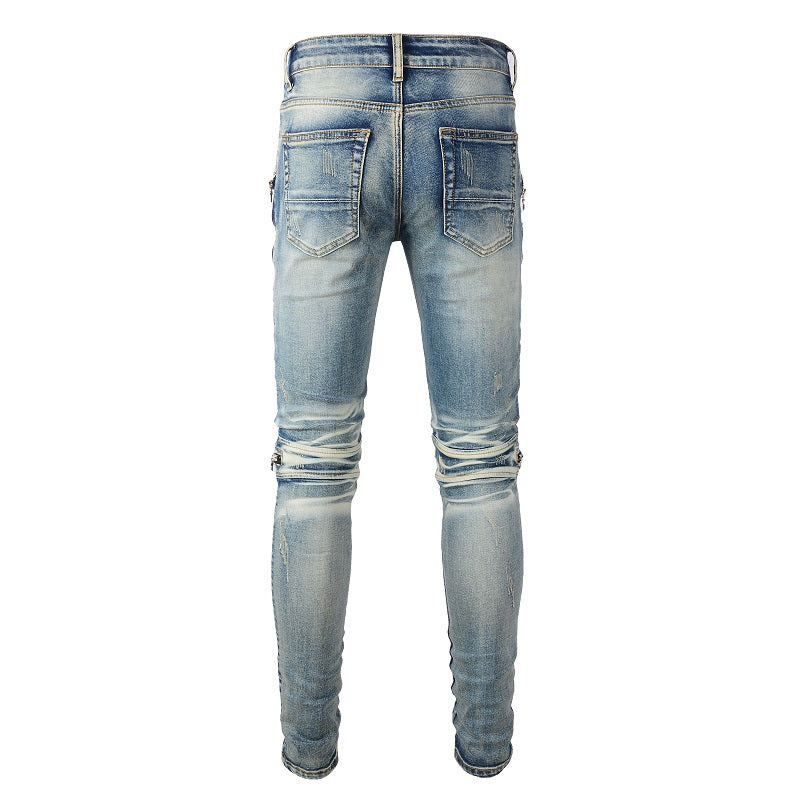 Jeans biker bleu sable poche zip avec surpiqûre