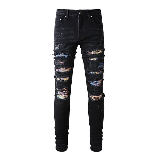 Jeans noir déchire patch coloré en surpiqûre