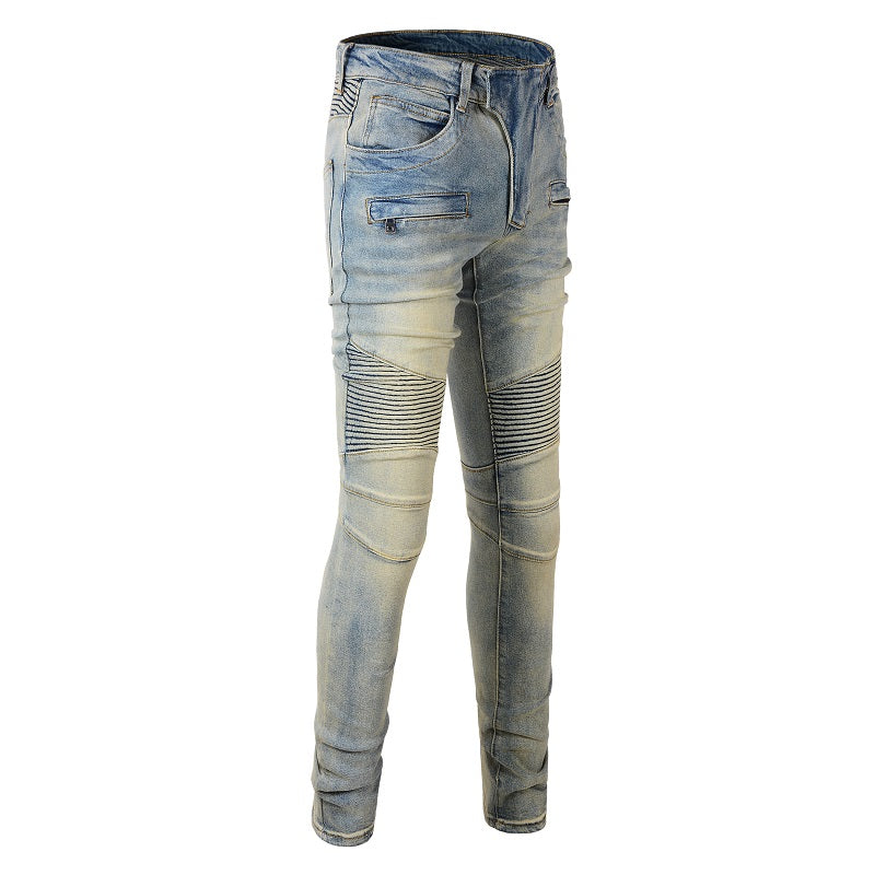 Jeans biker bleu sable poche zip avec surpiqûre