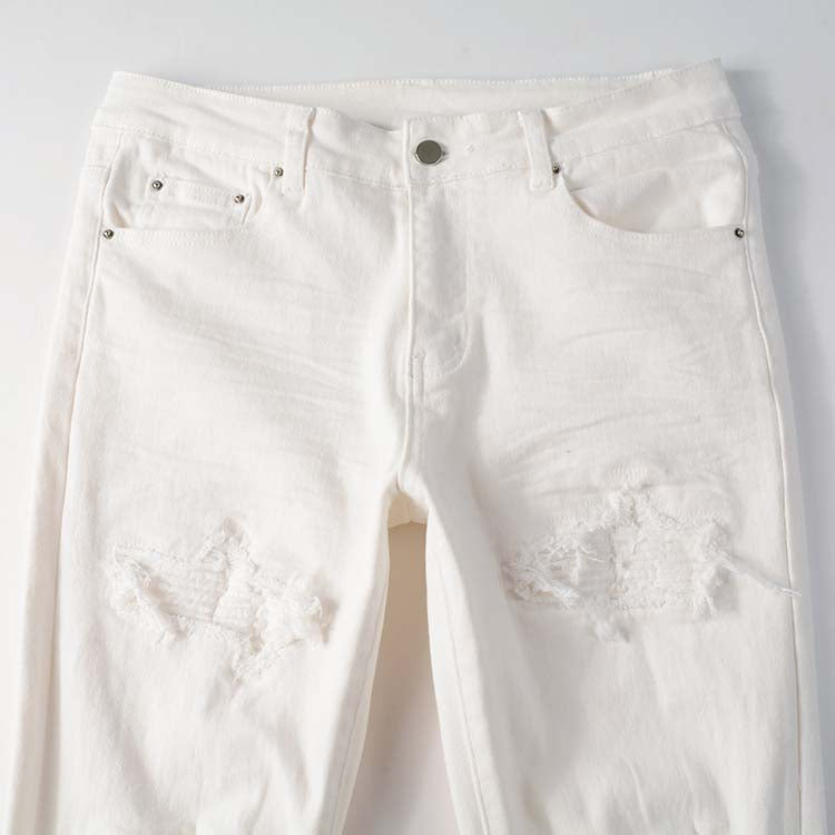 Jeans blanc déchire patch en surpiqûre