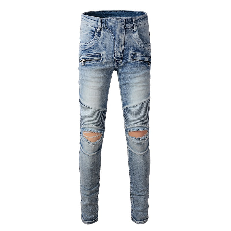 Jeans biker bleu poche zip avec surpiqûre