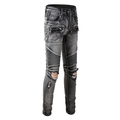 Jeans biker gris foncé poche zip avec surpiqûre