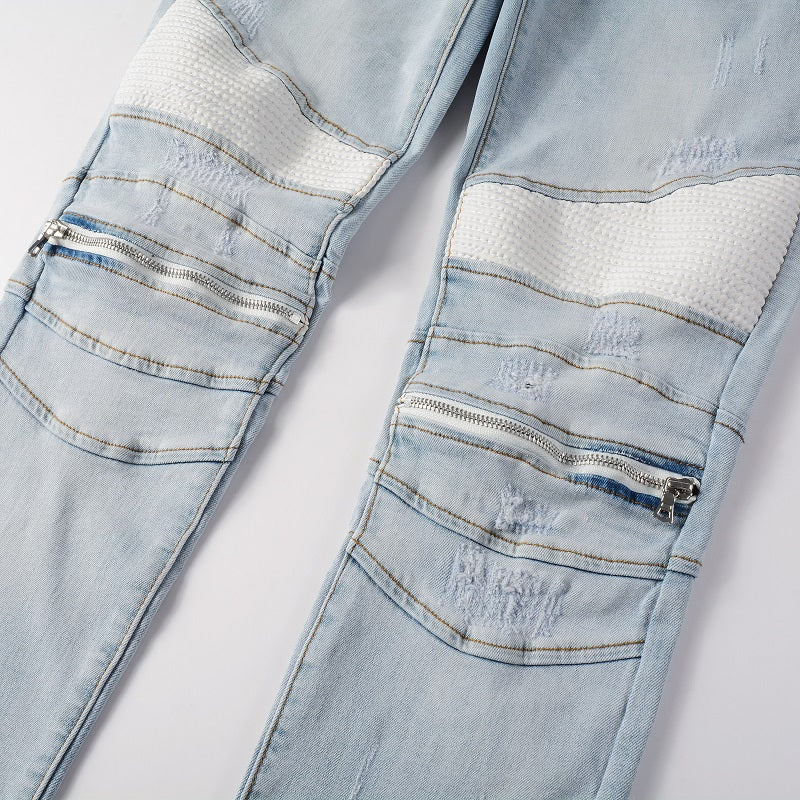 Jeans biker bleu clair poche zip avec surpiqûre blanc