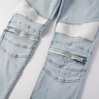 Jeans biker bleu clair poche zip avec surpiqûre blanc