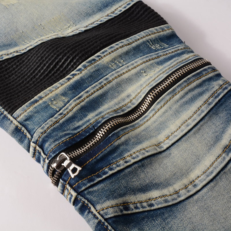 Jeans biker bleu sable poche zip avec surpiqûre